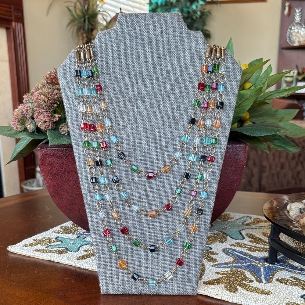 Vintage Colorful Glass Square Beaded Multi-Strand Long Necklace Bib Antique Gold